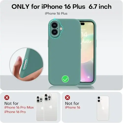 Vooii iPhone 16 Plus Case bilan mos, Suyuq Silikon Yaxshilanishi [Kamera himoyasi] [Yumshoq chizishga qarshi mikrofiber qoplama] iPhone 16 Plus 6.7 dyuym uchun zarbga chidamli telefon qutisi - qarag'ay yashil - 5