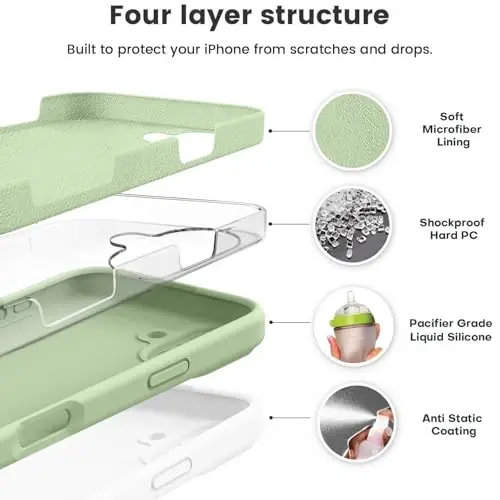 Vooii iPhone 16 Plus g‘ilofi bilan mos keladi, suyuq silikon yangilanishi [Kamera himoyasi] [Yumshoq chizishga qarshi mikrofiber astar] iPhone 16 Plus 6,7 dyuym uchun zarbaga chidamli telefon g‘ilofi - Matcha - 2