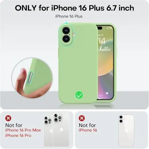 Vooii iPhone 16 Plus g‘ilofi bilan mos keladi, suyuq silikon yangilanishi [Kamera himoyasi] [Yumshoq chizishga qarshi mikrofiber astar] iPhone 16 Plus 6,7 dyuym uchun zarbaga chidamli telefon g‘ilofi - Matcha - VOOII