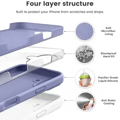 Vooii iPhone 16 Plus g‘ilofi bilan mos, suyuq silikon yangilanishi [Kamera himoyasi] [Yumshoq tirnalishga qarshi mikrofiber astar] iPhone 16 Plus 6,7 dyuym uchun zarbga chidamli telefon g‘ilofi - Lavanda kulrang - 2