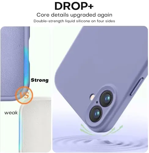 Vooii iPhone 16 Plus g‘ilofi bilan mos, suyuq silikon yangilanishi [Kamera himoyasi] [Yumshoq tirnalishga qarshi mikrofiber astar] iPhone 16 Plus 6,7 dyuym uchun zarbga chidamli telefon g‘ilofi - Lavanda kulrang - 4