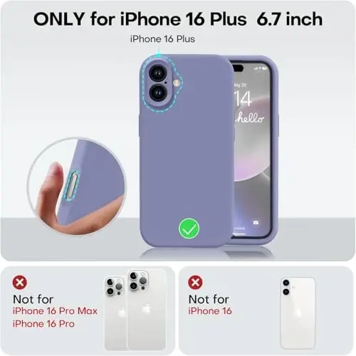 Vooii iPhone 16 Plus g‘ilofi bilan mos, suyuq silikon yangilanishi [Kamera himoyasi] [Yumshoq tirnalishga qarshi mikrofiber astar] iPhone 16 Plus 6,7 dyuym uchun zarbga chidamli telefon g‘ilofi - Lavanda kulrang - 5