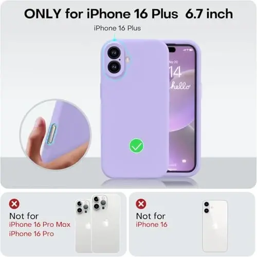 Vooii iPhone 16 Plus g‘ilofi bilan mos, suyuq silikon yangilanishi [Kamera himoyasi] [Yumshoq tirnalishga qarshi mikrofiber astar] iPhone 16 Plus 6.7 dyuym uchun zarbga chidamli telefon g‘ilofi - och binafsha - 5