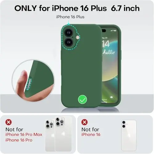 Vooii iPhone 16 Plus g‘ilofi bilan mos, suyuq silikon yangilanishi [Kamera himoyasi] [Yumshoq tirnalishga qarshi mikrofiber astar] iPhone 16 Plus 6.7 dyuym uchun zarbga chidamli telefon g‘ilofi - Yashil - 5