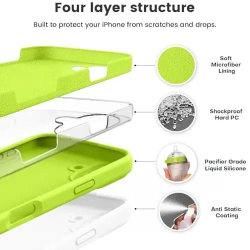Vooii iPhone 16 Plus uchun g‘ilof bilan mos, suyuq silikon yangilanishi [Kamera himoyasi] [Yumshoq chizilishga qarshi mikrofiber astar] iPhone 16 Plus 6.7 dyuym uchun zarbga chidamli telefon g‘ilofi - Fluorescent yashil - VOOII (1)