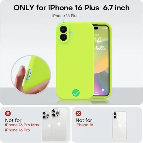 Vooii iPhone 16 Plus uchun g‘ilof bilan mos, suyuq silikon yangilanishi [Kamera himoyasi] [Yumshoq chizilishga qarshi mikrofiber astar] iPhone 16 Plus 6.7 dyuym uchun zarbga chidamli telefon g‘ilofi - Fluorescent yashil - 5