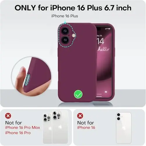 Vooii iPhone 16 Plus uchun g‘ilof, Suyuq Silikon Yangilangan [Kamera himoyasi] [Yumshoq tirnalishga qarshi mikrotola qoplamasi] iPhone 16 Plus 6.7 dyuym uchun zarbga chidamli telefon g‘ilofi - WineRed - 5