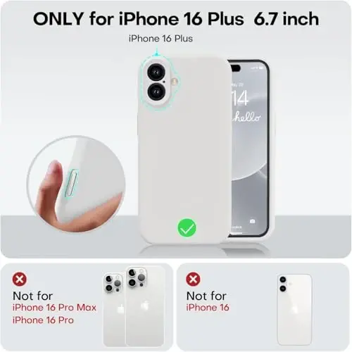 Vooii iPhone 16 Plus uchun g‘ilofga mos keladi, suyuq silikon yangilanishi [Kamera himoyasi] [Yumshoq tirnalishga qarshi mikrofiber astar] iPhone 16 Plus 6.7 dyuym uchun zarbga chidamli telefon g‘ilofi - Oq - 5