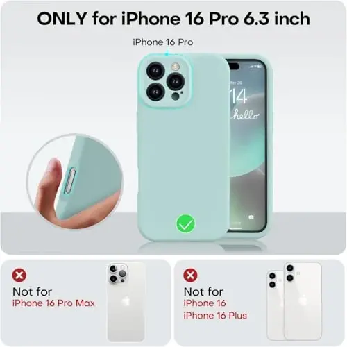 Vooii iPhone 16 Pro Case bilan mos, Suyuq silikon yangilanishi [Kamera himoyasi] [Yumshoq tirnalishga qarshi mikrofiber astar] iPhone 16 Pro 6.3 dyuym uchun zarbga chidamli telefon g'ilofi - Mint - 5
