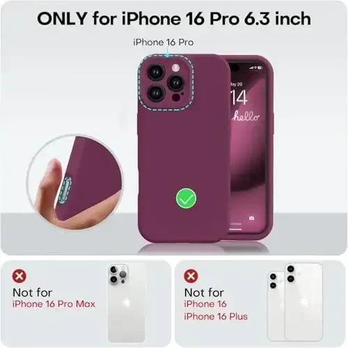 Vooii iPhone 16 Pro Case bilan mos, Suyuq silikon yangilanishi [Kamera himoyasi] [Yumshoq tirnalishga qarshi mikrofiber astar] iPhone 16 Pro 6,3 dyuym uchun zarbga chidamli telefon qutisi - WineRed - 5