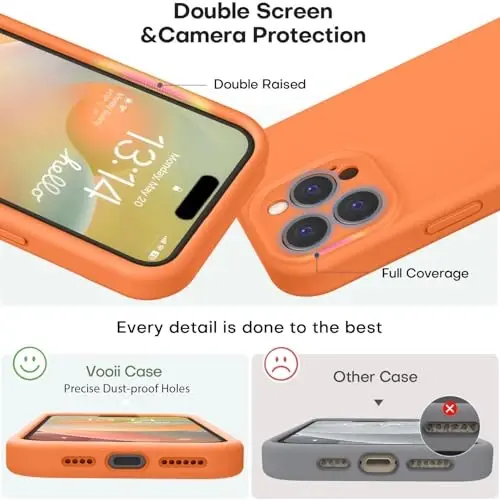Vooii iPhone 16 Pro G'ilofi bilan mos keladi, Suyuq Silikon yangilanishi [Kamera himoyasi] [Yumshoq chizishga qarshi mikrofiber astar] iPhone 16 Pro 6.3 dyuym uchun zarbga chidamli telefon g'ilofi - Yorqin apelsin - 3