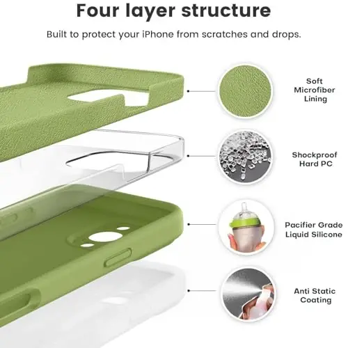 Vooii iPhone 16 Pro g'ilofi bilan mos keladi, Suyuq silikon yangilanishi [Kamera himoyasi] [Yumshoq tirnalishga qarshi mikrofiber astar] iPhone 16 Pro 6,3 dyuym uchun zarbga chidamli telefon g'ilofi - Cedar Green - 2