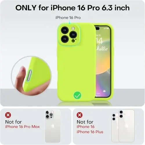 Vooii iPhone 16 Pro g'ilofi bilan mos keladi, suyuq silikon yangilanishi [Kamera himoyasi] [Yumshoq tirnalishga qarshi mikrofiber astar] iPhone 16 Pro 6,3 dyuym uchun zarbga chidamli telefon g'ilofi - Fluorescent Green - 5