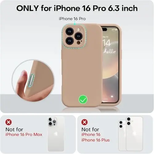 Vooii iPhone 16 Pro g‘ilofi bilan mos keladi, suyuq silikon yangilanishi [Kamera himoyasi] [Yumshoq tirnalishga qarshi mikrofiber astar] iPhone 16 Pro 6,3 dyuym uchun zarbga chidamli telefon g‘ilofi - och jigarrang - 5