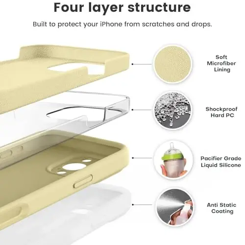 Vooii iPhone 16 Pro g'ilofi bilan mos keladi, suyuq silikon yangilanishi [Kamera himoyasi] [Yumshoq tirnalishga qarshi mikrofiber astar] iPhone 16 Pro 6.3 dyuym uchun zarbga chidamli telefon g'ilofi - Qaymoqli sariq - 2