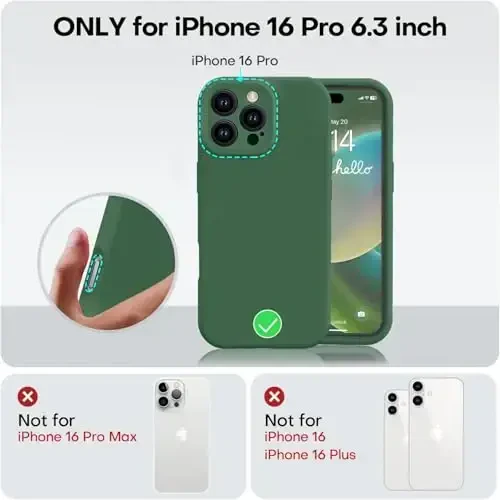 Vooii iPhone 16 Pro G'ilofi bilan mos keladi, Suyuq Silikon yangilanishi [Kamera himoyasi] [Yumshoq tirnalishga qarshi mikrofiber astar] iPhone 16 Pro 6.3 dyuym uchun zarbga chidamli telefon g'ilofi - Yashil - 5