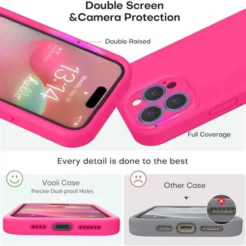 Vooii iPhone 16 Pro g‘ilofi bilan mos, suyuq silikon yangilanishi [Kamera himoyasi] [Yumshoq chizishga qarshi mikrofiber astar] iPhone 16 Pro 6.3 dyuym uchun zarbaga chidamli telefon g‘ilofi - To‘q pushti - 3