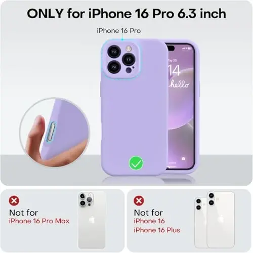 Vooii iPhone 16 Pro g'ilofi bilan mos, suyuq silikon yangilanishi [Kamera himoyasi] [Yumshoq tirnalishga qarshi mikrofiber astar] iPhone 16 Pro 6,3 dyuym uchun zarbaga chidamli telefon g'ilofi - och binafsha - 5