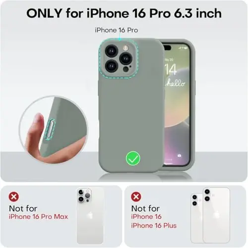 Vooii iPhone 16 Pro gʻilofi bilan mos, suyuq silikon yangilanishi [Kamera himoyasi] [Yumshoq tirnalishga qarshi mikrofiber astar] iPhone 16 Pro 6,3 dyuym uchun zarbga chidamli telefon gʻilofi - Calke Green - 5