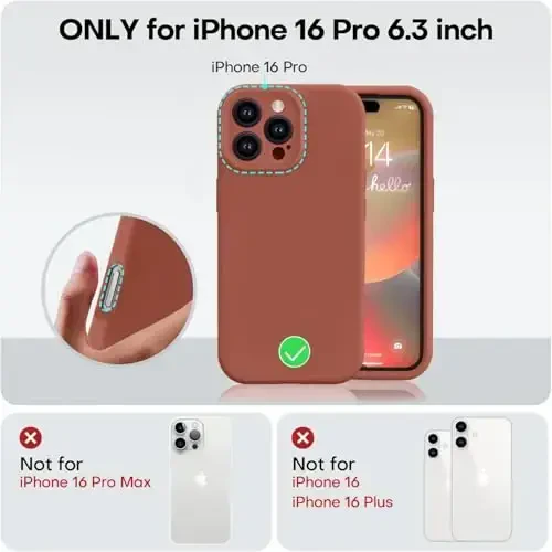 Vooii iPhone 16 Pro g‘ilofi bilan mos, suyuq silikon yangilanishi [Kamera himoyasi] [Yumshoq tirnalishga qarshi mikrofiber astar] iPhone 16 Pro 6.3 dyuym uchun zarbga chidamli telefon g‘ilofi - Caramel - 5