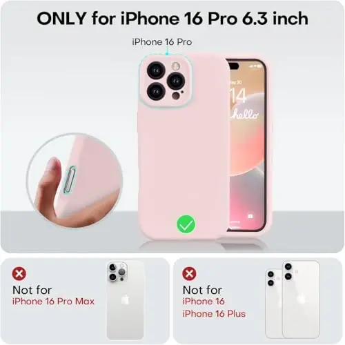 Vooii iPhone 16 Pro g'ilofi bilan mos, suyuq silikon yangilanishi [Kamera himoyasi] [Yumshoq tirnalishga qarshi mikrofiber astar] iPhone 16 Pro 6,3 dyuym uchun zarbga chidamli telefon g'ilofi - Chalk pushti - 5