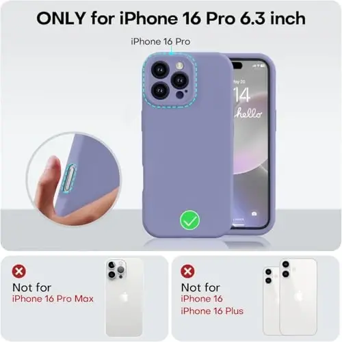 Vooii iPhone 16 Pro g'ilofi bilan mos, suyuq silikon yangilanishi [Kamera himoyasi] [Yumshoq tirnalishga qarshi mikrofiber astar] iPhone 16 Pro 6,3 dyuym uchun zarbga chidamli telefon g'ilofi - Lavanda kulrang - 5