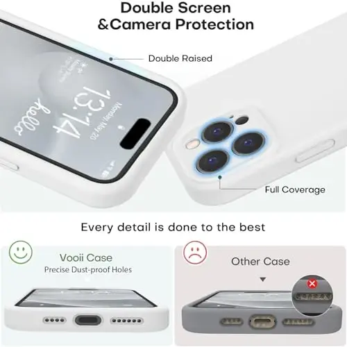 Vooii iPhone 16 Pro g‘ilofi bilan mos, suyuq silikon yangilanishi [Kamera himoyasi] [Yumshoq tirnalishga qarshi mikrofiber astar] iPhone 16 Pro 6.3 dyuym uchun zarbga chidamli telefon g‘ilofi - Oq - 3