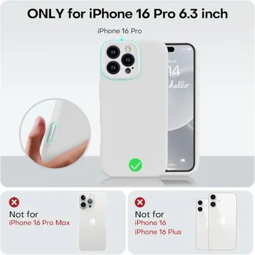 Vooii iPhone 16 Pro g‘ilofi bilan mos, suyuq silikon yangilanishi [Kamera himoyasi] [Yumshoq tirnalishga qarshi mikrofiber astar] iPhone 16 Pro 6.3 dyuym uchun zarbga chidamli telefon g‘ilofi - Oq - 5