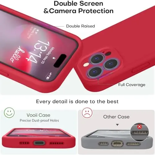 Vooii iPhone 16 Pro g‘ilofi bilan mos, suyuq silikon yangilanishi [Kamera himoyasi] [Yumshoq tirnalishga qarshi mikrofiber astar] iPhone 16 Pro 6,3 dyuym uchun zarbga chidamli telefon g‘ilofi - Qizil - 3