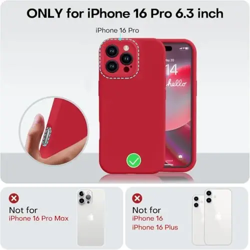 Vooii iPhone 16 Pro g‘ilofi bilan mos, suyuq silikon yangilanishi [Kamera himoyasi] [Yumshoq tirnalishga qarshi mikrofiber astar] iPhone 16 Pro 6,3 dyuym uchun zarbga chidamli telefon g‘ilofi - Qizil - 5