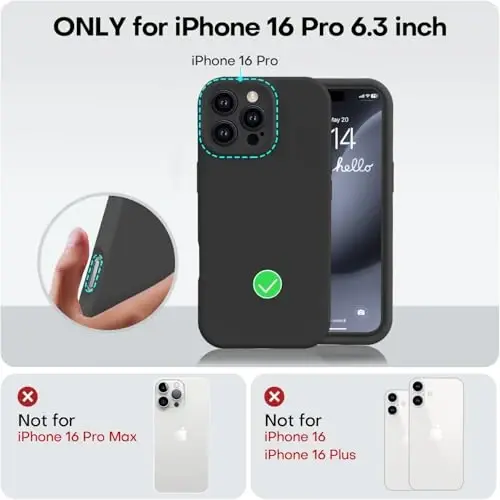 Vooii iPhone 16 Pro g'ilofi bilan mos, suyuq silikon yangilanishi [Kamera himoyasi] [Yumshoq tirnalishga qarshi mikrofiber astar] iPhone 16 Pro 6,3 dyuym uchun zarbga chidamli telefon g'ilofi - Qora - 5