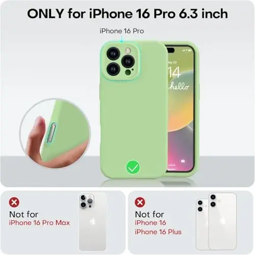 Vooii iPhone 16 Pro g‘ilofi bilan mos, suyuq silikon yangilanishi [Kamera himoyasi] [Yumshoq tirnalishga qarshi mikrofiber qoplama] iPhone 16 Pro 6.3 dyuym uchun zarbga chidamli telefon g‘ilofi - Matcha - 5