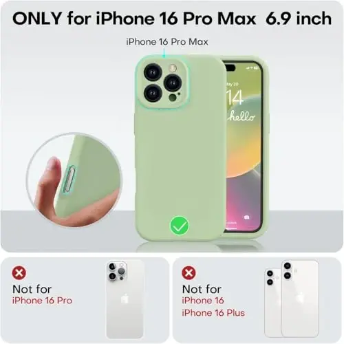 Vooii iPhone 16 Pro Max bilan mos keladi, Suyuq silikon yangilanish [Kamera himoyasi] [Yumshoq tirnalishga qarshi mikrofiber astar] iPhone 16 Pro Max 6.9 dyuym uchun zarbga chidamli telefon g'ilofi - Matcha - 5