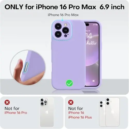 Vooii iPhone 16 Pro Max bilan mos keladi, Suyuq silikon yangilanishi [Kamera himoyasi] [Yumshoq tirnalishga qarshi mikrofiber astar] iPhone 16 Pro Max 6.9 dyuym uchun zarbaga chidamli telefon g'ilofi - och binafsha - 5