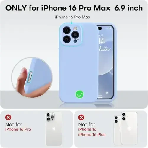 Vooii iPhone 16 Pro Max bilan mos keladigan g'ilof, suyuq silikon yangilanishi [Kamera himoyasi] [Yumshoq tirnalishga qarshi mikrofiber astar] iPhone 16 Pro Max 6.9 dyuym uchun zarbga chidamli telefon g'ilofi - och ko'k - 5