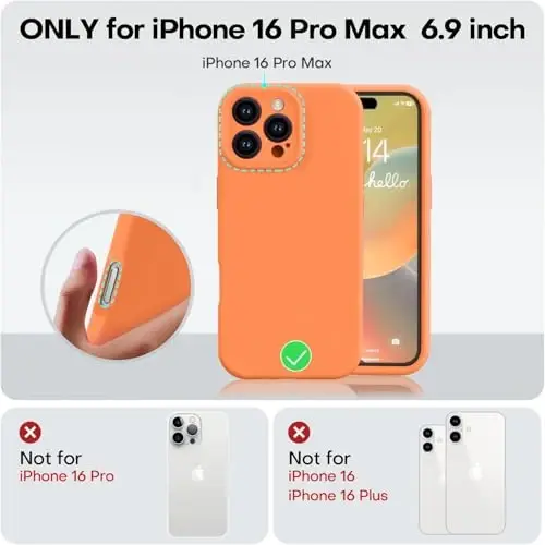 Vooii iPhone 16 Pro Max bilan mos keladigan g'ilof, suyuq silikon yangilanishi [Kamera himoyasi] [Yumshoq tirnalishga qarshi mikrofiber astar] iPhone 16 Pro Max 6.9 dyuym uchun zarbga chidamli telefon g'ilofi - Yorqin apelsin - 5
