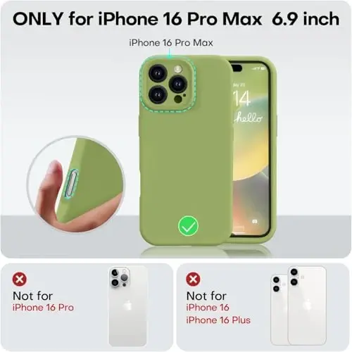 Vooii iPhone 16 Pro Max Case bilan mos keladi, suyuq silikon yangilanishi [Kamera himoyasi] [Yumshoq chizishga qarshi mikrofiber astar] iPhone 16 Pro Max 6.9 dyuym uchun zarbga chidamli telefon qutisi - Cedar Green - 5