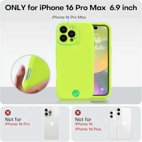 Vooii iPhone 16 Pro Max Case bilan mos, suyuq silikon yangilanish [Kamera himoyasi] [Yumshoq tirnalishga qarshi mikrofiber astar] iPhone 16 Pro Max 6.9 dyuym uchun zarbga chidamli telefon qutisi - Fluorescent Yashil - 5