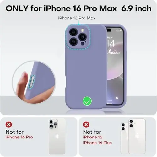 Vooii iPhone 16 Pro Max Case bilan mos, Suyuq Silikon Yangilanish [Kamera himoyasi] [Yumshoq tirnalishga qarshi mikrofiber astar] iPhone 16 Pro Max 6.9 dyuym uchun zarbga chidamli telefon qutisi - Lavanda kulrang - 5