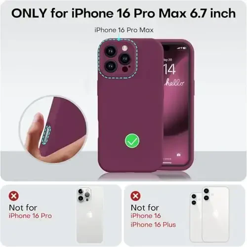 Vooii iPhone 16 Pro Max Case bilan mos, Suyuq Silikon yangilanishi [Kamera himoyasi] [Yumshoq chizishga qarshi mikrofiber astar] iPhone 16 Pro Max 6.9 dyuym uchun zarbga chidamli telefon qutisi - WineRed - 5