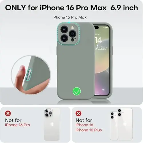 Vooii iPhone 16 Pro Max Case bilan mos, suyuq silikon yangilanishi [Kamera himoyasi] [Yumshoq tirnalishga qarshi mikrofiber astar] iPhone 16 Pro Max 6.9 dyuym uchun zarbga chidamli telefon qutisi - Calke Green - 5