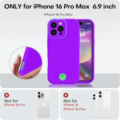 Vooii iPhone 16 Pro Max Case bilan mos, suyuq silikon yangilanishi [Kamera himoyasi] [Yumshoq tirnalishga qarshi mikrofiber astar] iPhone 16 Pro Max 6.9 dyuym uchun zarbga chidamli telefon qutisi - Neon binafsha - 5