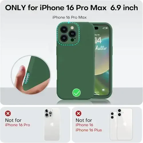 Vooii iPhone 16 Pro Max g‘ilofi bilan mos, suyuq silikon yangilanish [Kamera himoyasi] [Yumshoq tirnalishga qarshi mikrofiber astar] iPhone 16 Pro Max 6.9 dyuym uchun zarbga chidamli telefon g‘ilofi - Yashil - 5