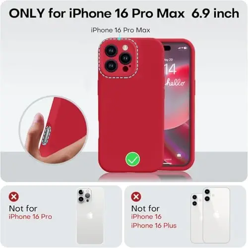 Vooii iPhone 16 Pro Max uchun g‘ilof bilan mos, suyuq silikon yangilanish [Kamera himoyasi] [Yumshoq tirnalishga qarshi mikrofiber astar] iPhone 16 Pro Max 6.9 dyuym uchun zarbga chidamli telefon g‘ilofi - Qizil - 5