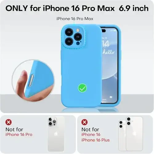 Vooii iPhone 16 Pro Max uchun g‘ilof bilan mos, suyuq silikon yangilanishi [Kamera himoyasi] [Yumshoq tirnalishga qarshi mikrofiber astar] iPhone 16 Pro Max 6.9 dyuym uchun zarbga chidamli telefon g‘ilofi - Moviy - 5