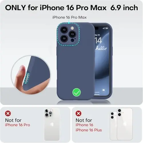 Vooii iPhone 16 Pro Max uchun mos keladigan g'ilof, suyuq silikon yangilanish [Kamera himoyasi] [Yumshoq tirnalishga qarshi mikrofiber astar] iPhone 16 Pro Max 6.9 dyuym uchun zarbga chidamli telefon g'ilofi - To'q ko'k - 5