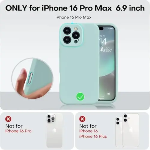 Vooii iPhone 16 Pro Max uchun mos keladigan g'ilof, suyuq silikon yangilanishi [Kamera himoyasi] [Yumshoq tirnalishga qarshi mikrofiber astar] iPhone 16 Pro Max 6.9 dyuym uchun zarbga chidamli telefon g'ilofi - Mint - 5