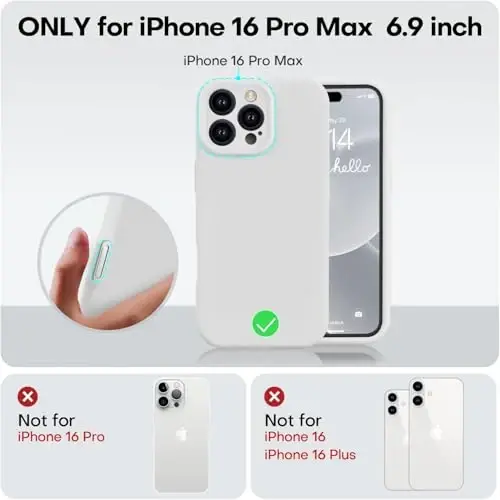 Vooii iPhone 16 Pro Max uchun mos keladigan g'ilof, suyuq silikon yangilanishi [Kamera himoyasi] [Yumshoq tirnalishga qarshi mikrofiber astar] iPhone 16 Pro Max 6.9 dyuym uchun zarbga chidamli telefon g'ilofi - Oq - 5