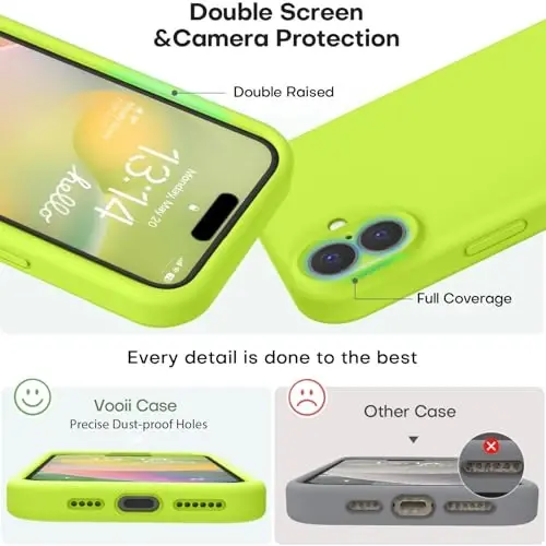 Vooii iPhone 16 uchun mos keladigan g‘ilof, suyuq silikon yangilanishi [Kamera himoyasi] [Yumshoq tirnalishga qarshi mikrofiber astar] iPhone 16 6.1 dyuym uchun zarbga chidamli telefon g‘ilofi - Fluoresan yashil - 3