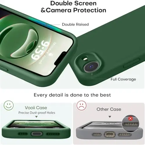 Vooii iPhone 16e bilan mos keladigan g'ilof, suyuq silikon yangilanishi [Kamera himoyasi] [Yumshoq tirnalishga qarshi mikrofiber astar] iPhone 16e 6.1 dyuym uchun zarbga chidamli telefon g'ilofi - Yashil - 3